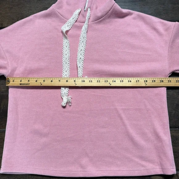LoveBug Boutique Women's Ribbed Pink Hoodie with Lace Cream Drawstrings - Picture 8 of 9